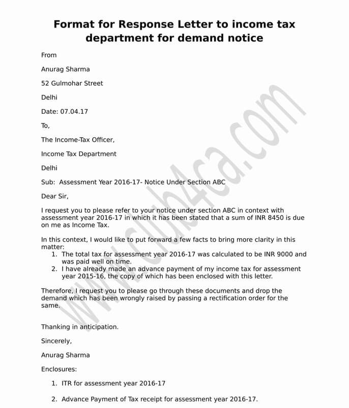 Letter Format To Income Tax Department For Demand Notice Ca Club