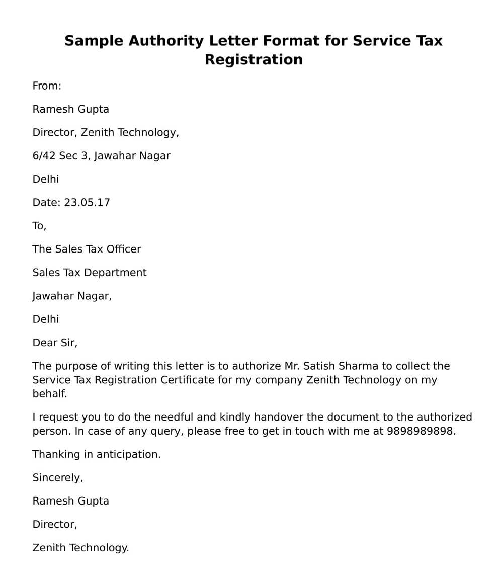 Authority Letter Format for Service Tax Registration
