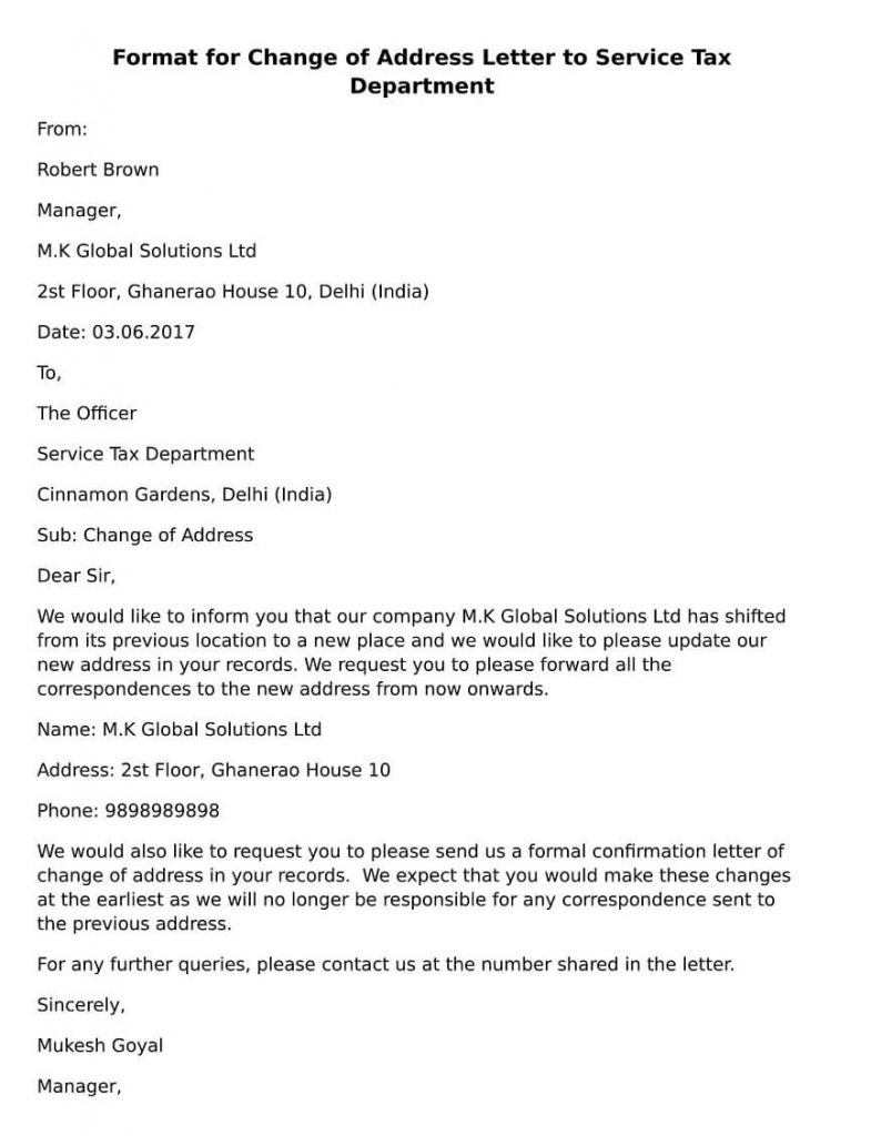 Format for Change of Address Letter to Service Tax Department Format for Change of Address Letter to Service Tax Department