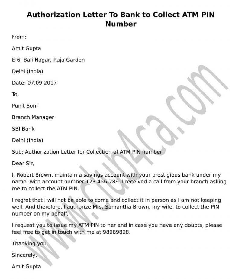Authorization Letter To Bank to Collect ATM PIN Number | CA CLUB