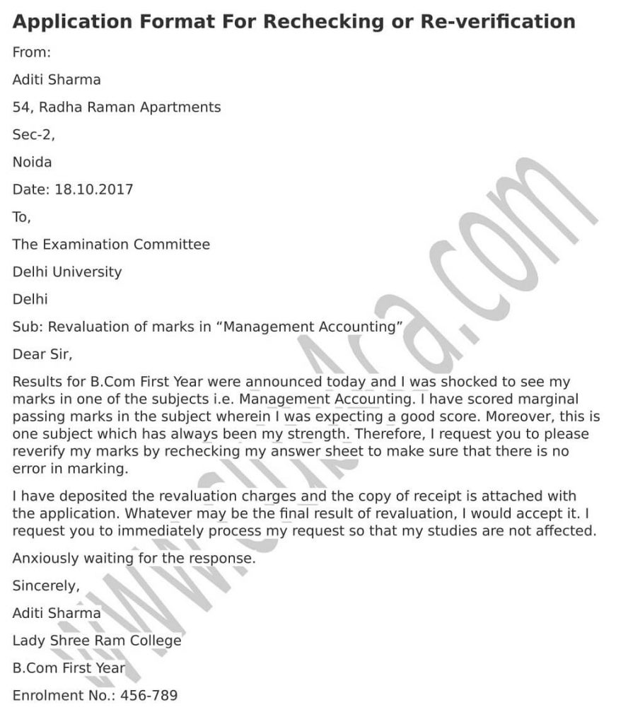 application letter for exam in college