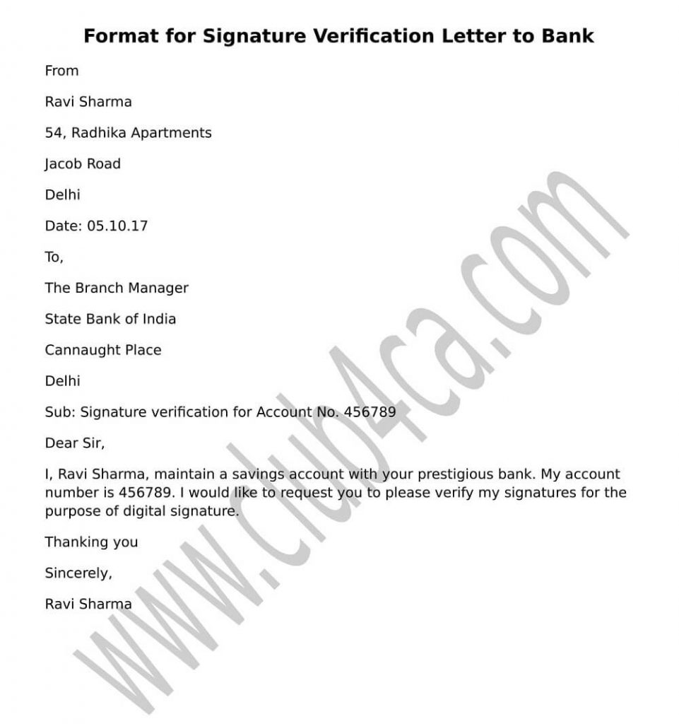 Format for Signature Verification Letter to Bank