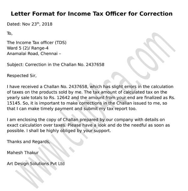 Letter Format for Income Tax Officer for Correction