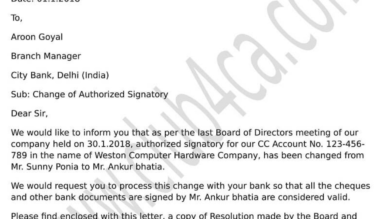 Board Resolution Letter Sample for Removal of Authorised Signatory