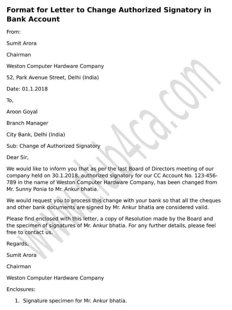 change authorized signatory bank account letter format