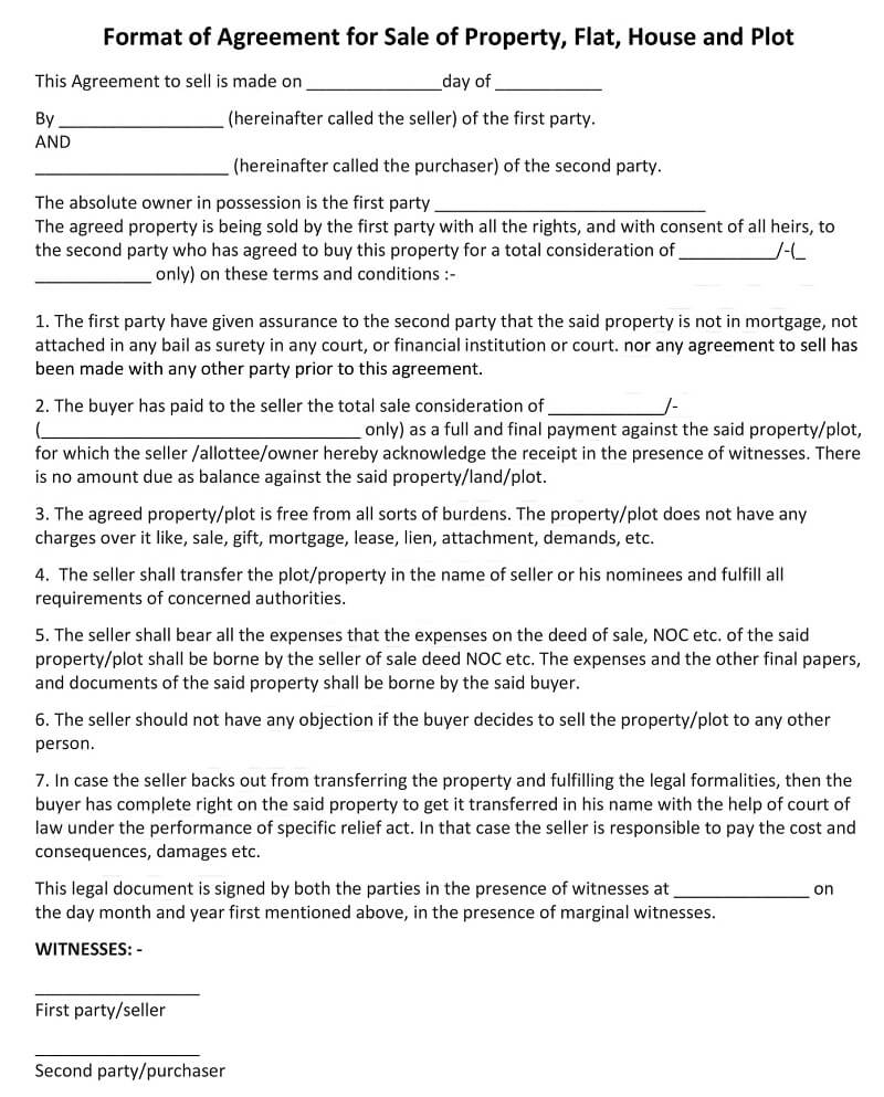 Format of Agreement for Sale of Property, Flat, House and Plot - Agreement to Sell Sample Format