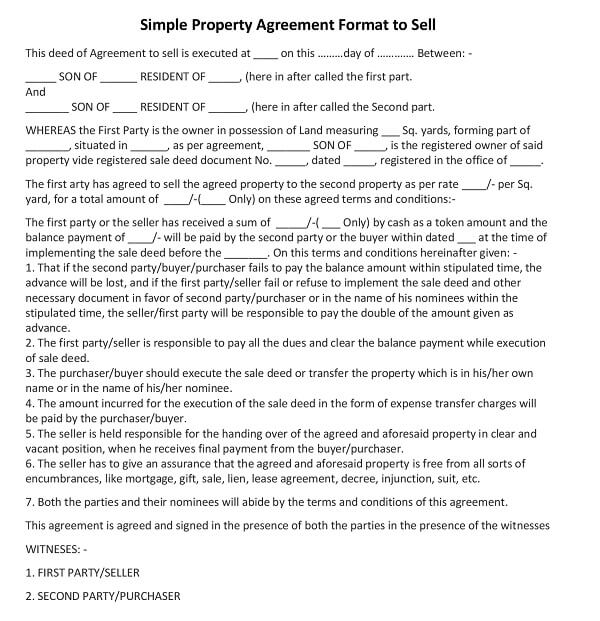 Simple Property Agreement Format to Sell PDF - Purchase & Sale Agreement Template
