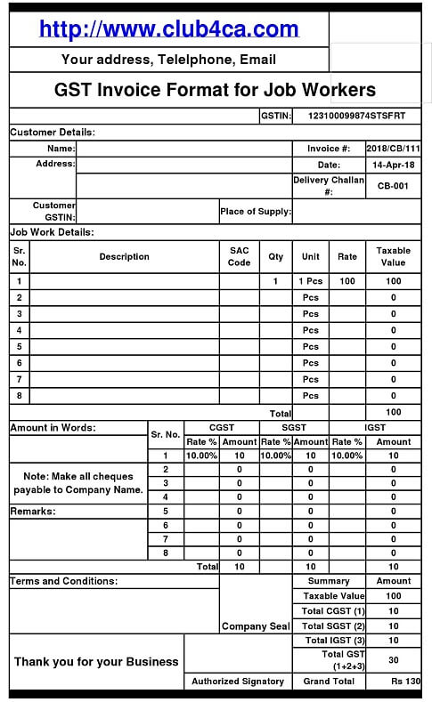 job work GST invoice format in excel download, GST invoice format India