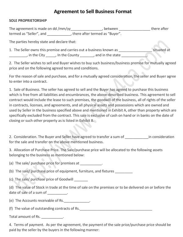 Sample Agreement to Sell Business Format Word, purchase agreement template