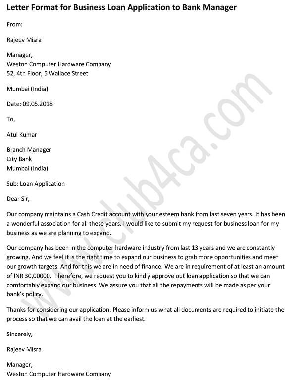 Application Letter For Business Loan To Bank Manager