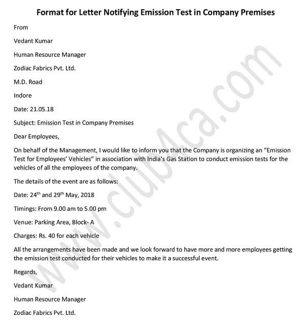 sample Format for Letter Notifying Emission Test in Company Premises