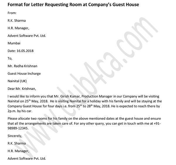 Formal Letter to Request A Room in Company Guest House