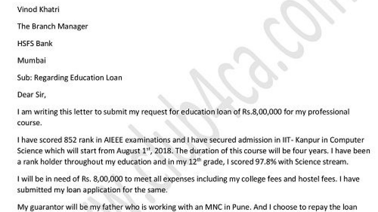 Letter to Bank Manager for Education Loan  Application Student Loan