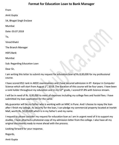 Letter to the Bank Manager for Education Loan, Student Loan Application Letter sample