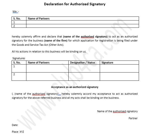 GST Declaration for Authorized Signatory Format, GST Declaration Word Format