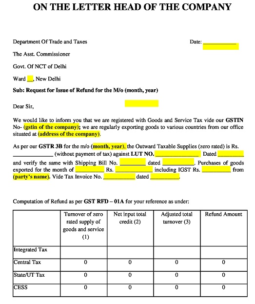 GST Refund Request Letter Format application letter for gst refund