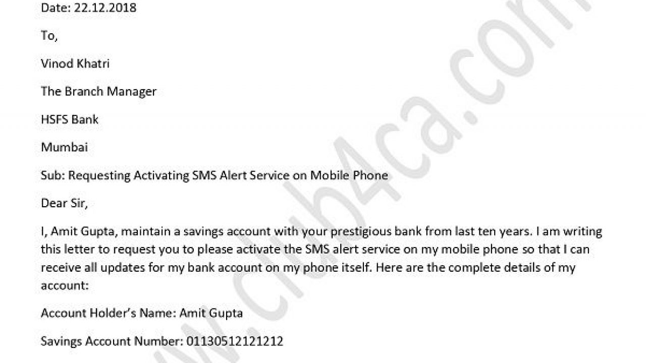 Request Letter To Bank Manager For Activate Sms Alert Service