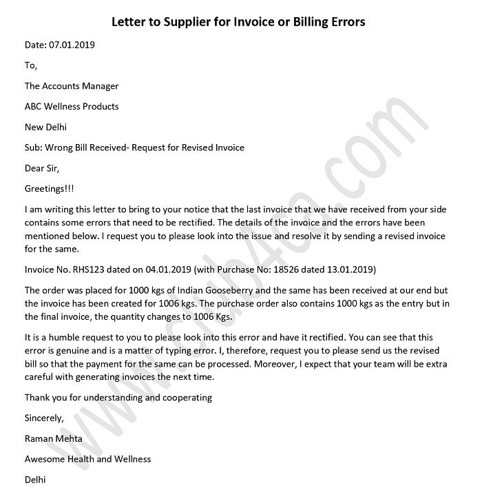 Letter to Supplier for Invoice or Billing Errors format