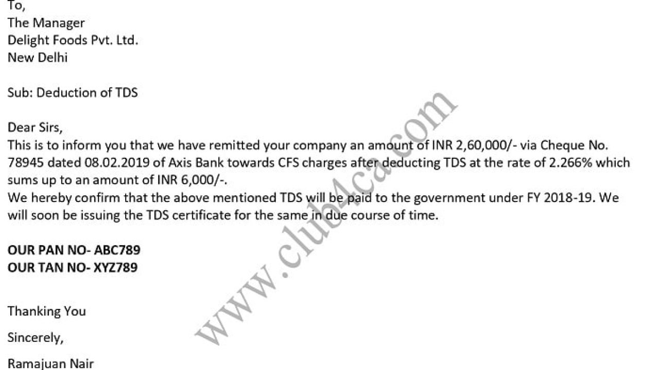TDS Deduction Letter Format in Word - Sample Template