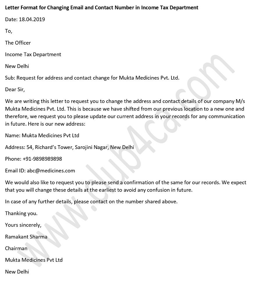 Letter Format for Change of Email and Contact Number in Income Tax