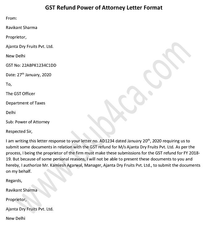 GST Refund Power of Attorney Letter format