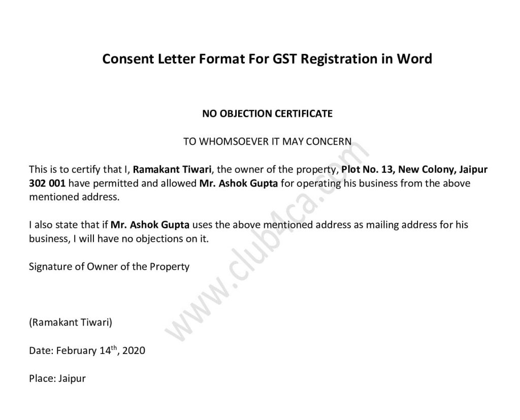 Consent Letter Format For GST Registration