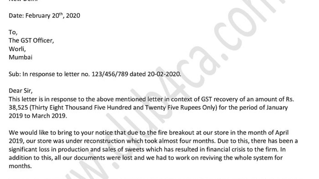 Reply Letter Format to GST Department in Word
