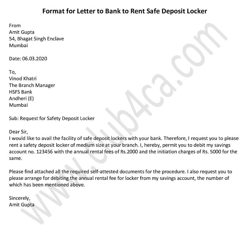 Sample Format Letter to Bank to Rent Safe Deposit Locker