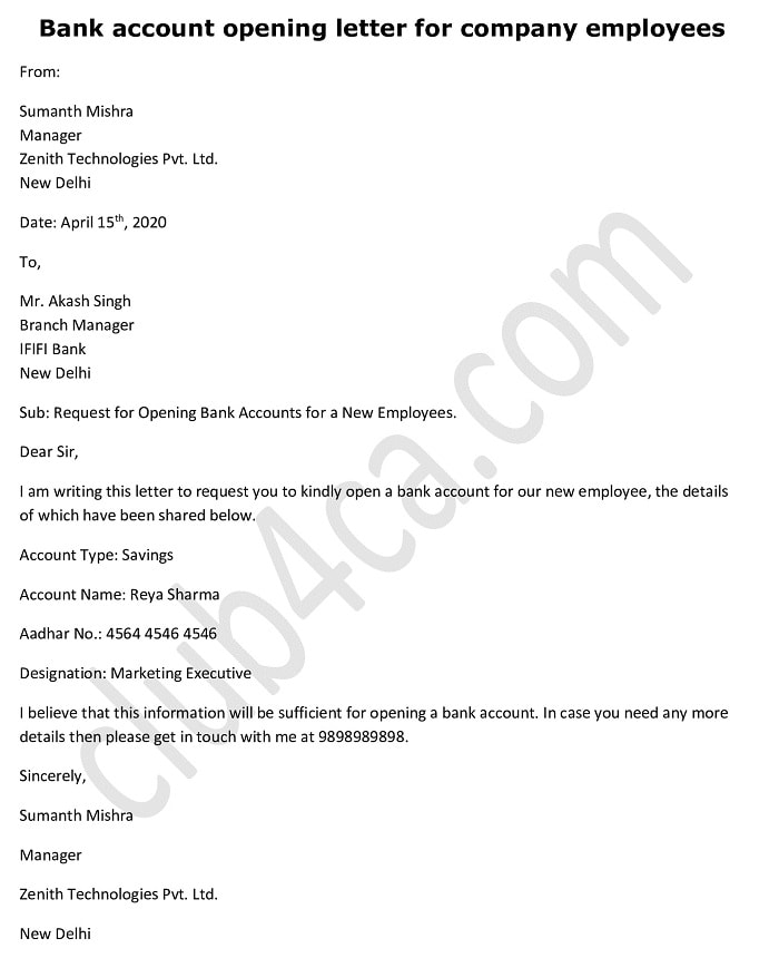 application letter for account opening