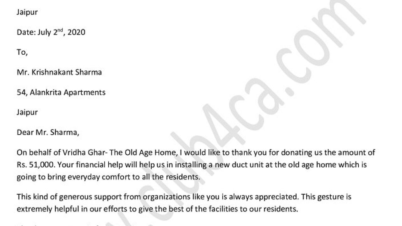 Thank you Letter Format for Financial Donation