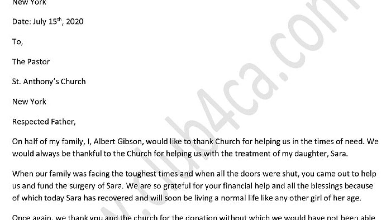 Thank you Letter Template for Donation to Church