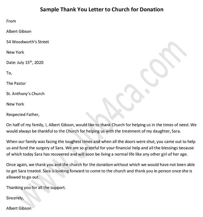 Thank You Letter Template For Donation To Church