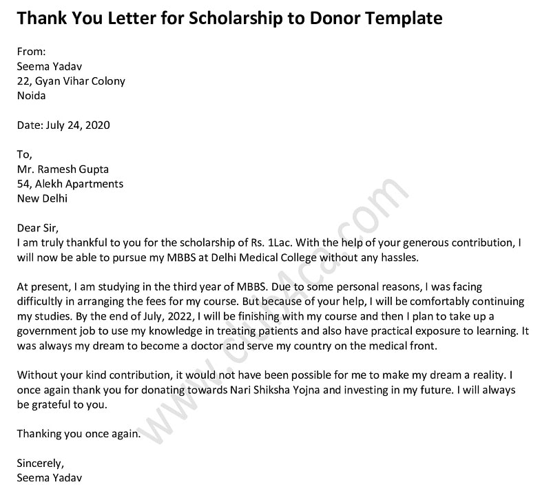 Thank you letter for scholarship donation, Scholarship Thank You Letter