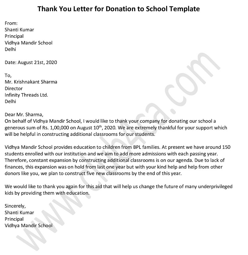 Donation Thank You Letter for School, Donation Letter Sample