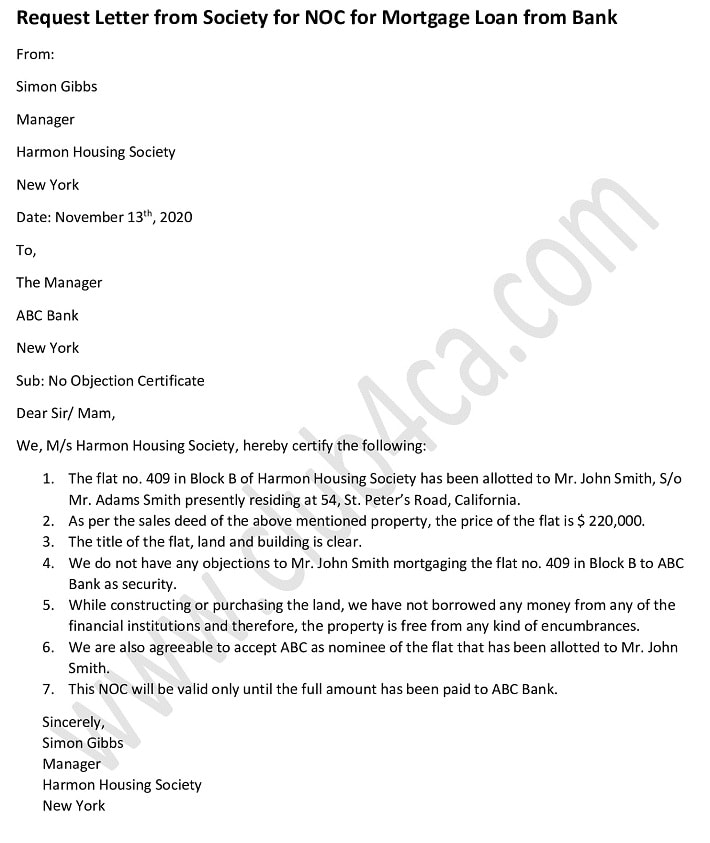 Request Letter from Society for NOC for Mortgage Loan from Bank